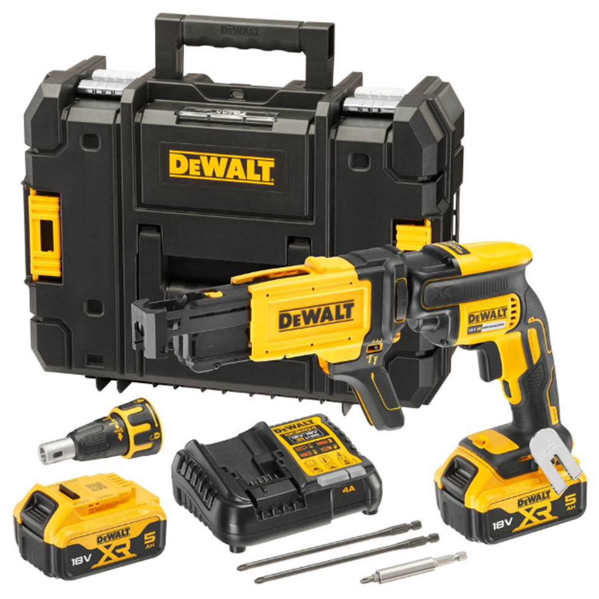 DEWALT SELF-FEEDING GYPSUM SCREWDRIVER. 18V 5AH LI-ION WITH 2 CHARGERS AND BATTERIES DCF620P2K-QW