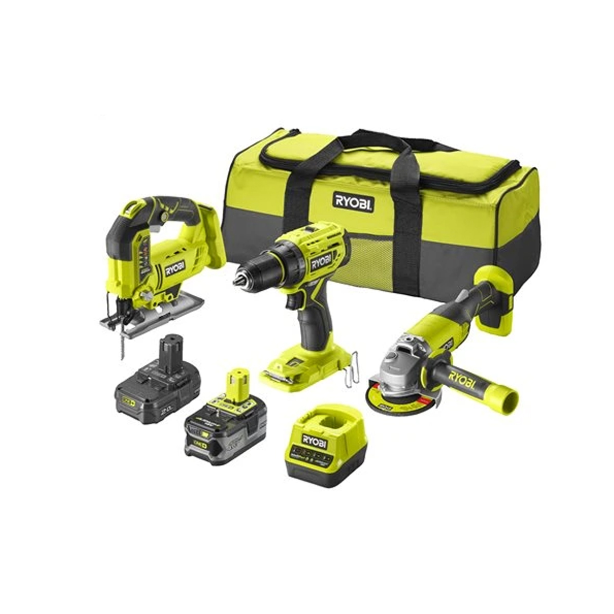 SET IMPACT DRILL JIGSAW ANGLE GRIDER 2 BATTERIES 18V 2 AH + 4 AH AND CHARGER