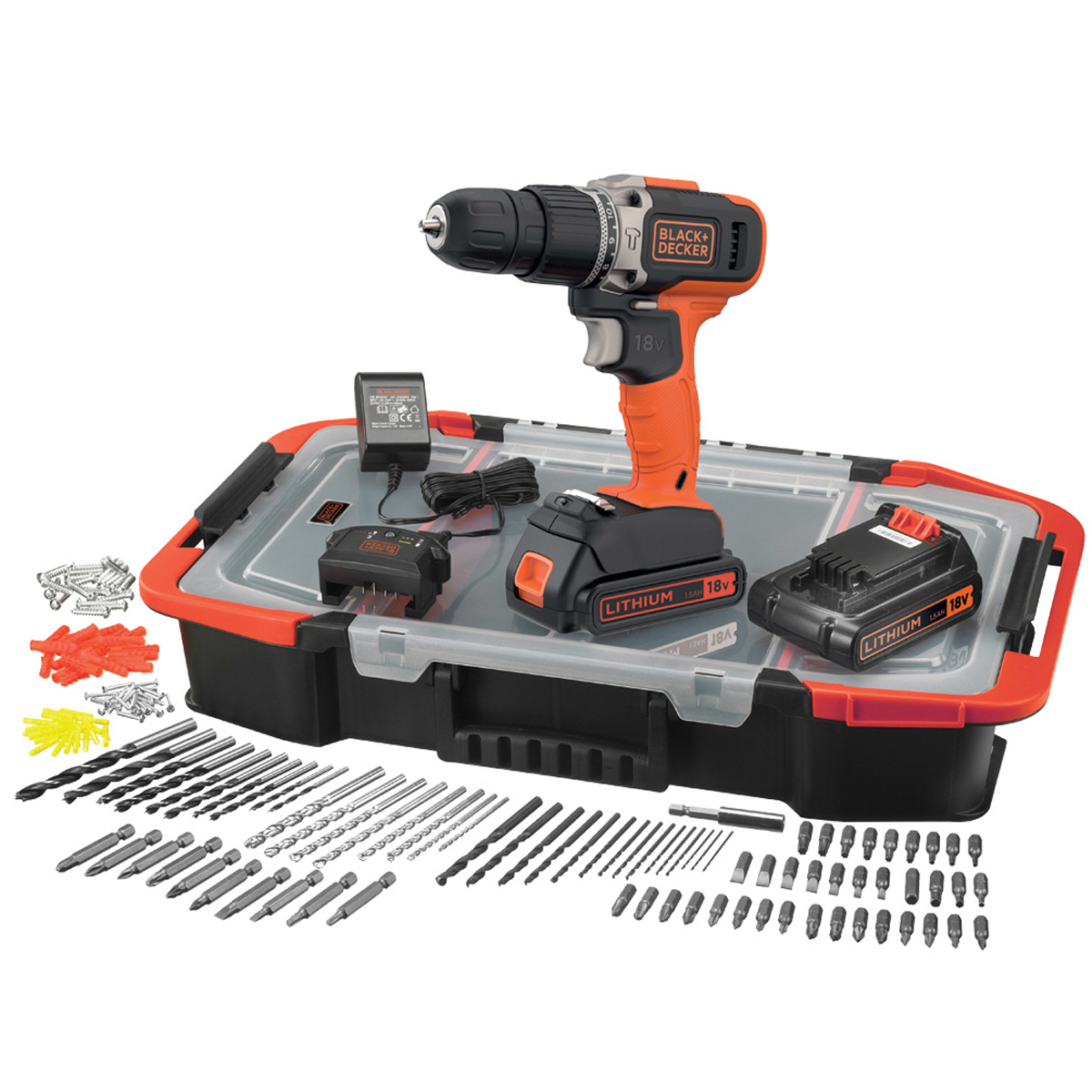 BLACK + DECKER 18V ​​IMPACT DRILL SET WITH BATTERY AND ACCESSORIES