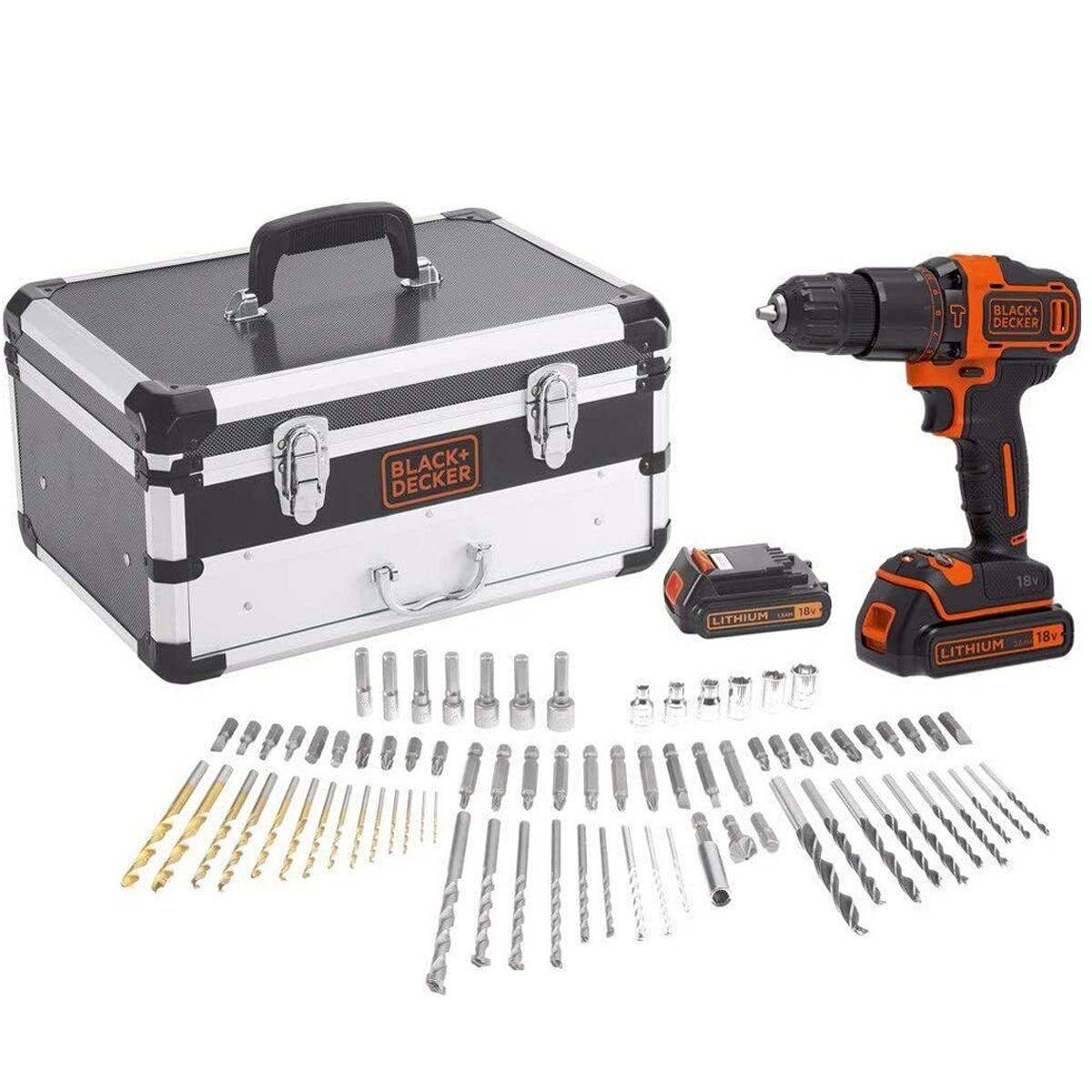 BLACK + DECKER IMPACT DRILL DRIVER SET IN METAL CASE WITH 80 ACCESSORIES
