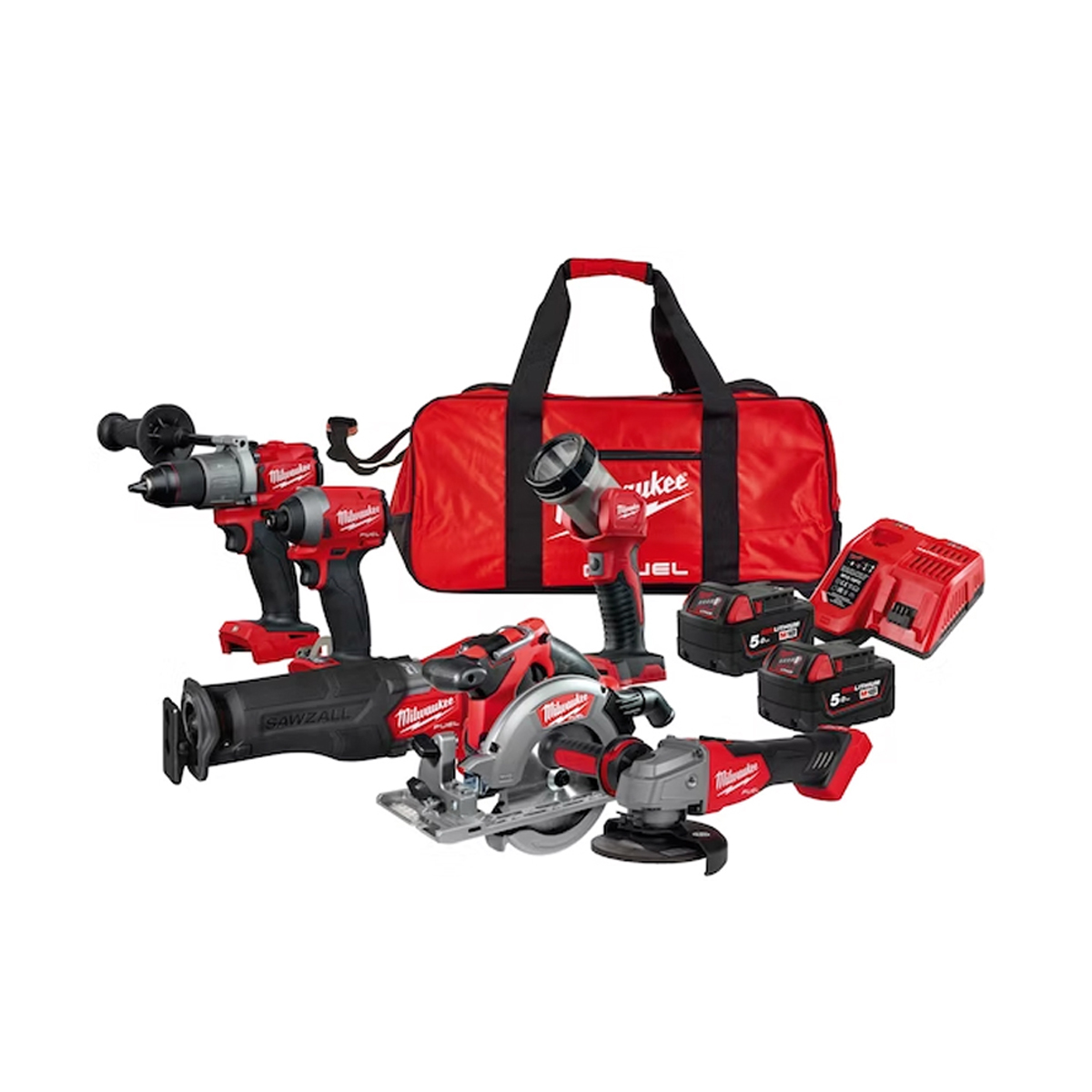 MILWAUKEE DRILL & IMPACT SCREWDRIVER & SAW & ANGLE WHEEL & CIRCULAR SAW & HEADLAMP SET