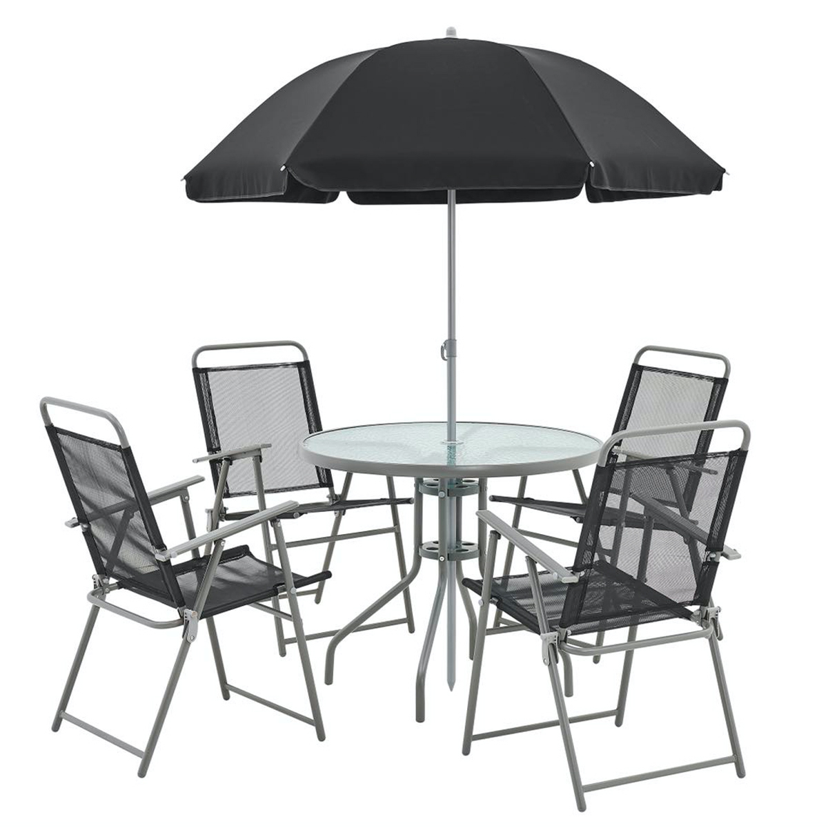 L.H GARDEN 6 PIECES GARDEN SET(4 CHAIRS, TABLE. UMBRELLA) BLACK