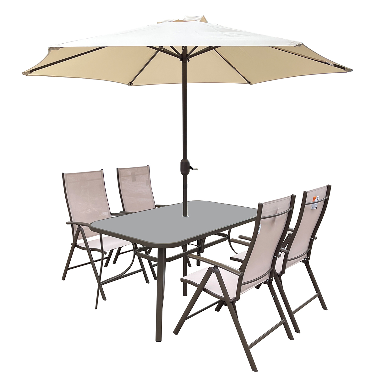 L.H GARDEN 6 PIECES GARDEN SET (4 CHAIRS, TABLE. UMBRELLA) BEIGE