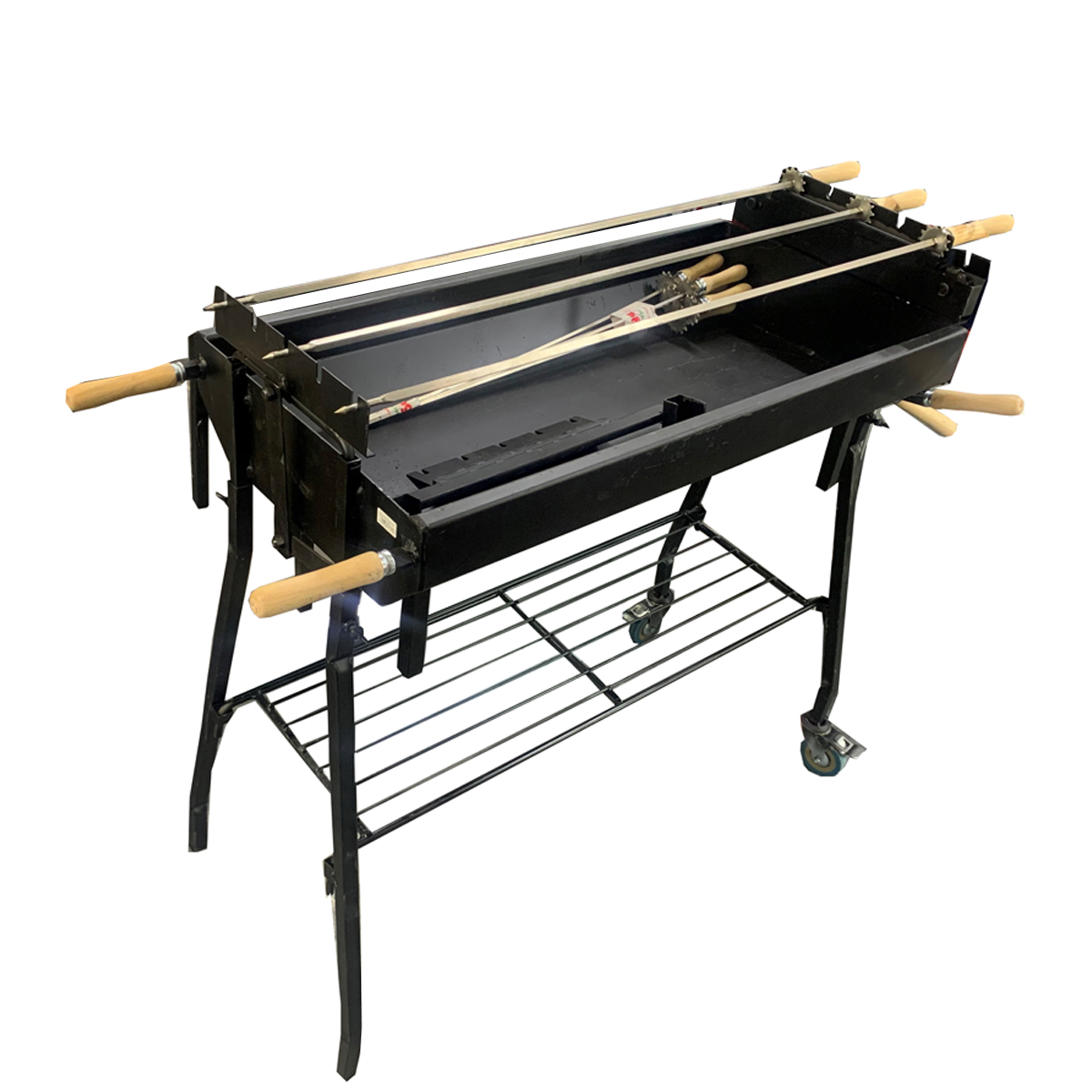 CHARCOAL BBQ CHAIN ​​BARGE (3 CHISELS FOR SOUVLA/5 CHISELS FOR SOUVLAKI) WITH WHEELS AND GRID.