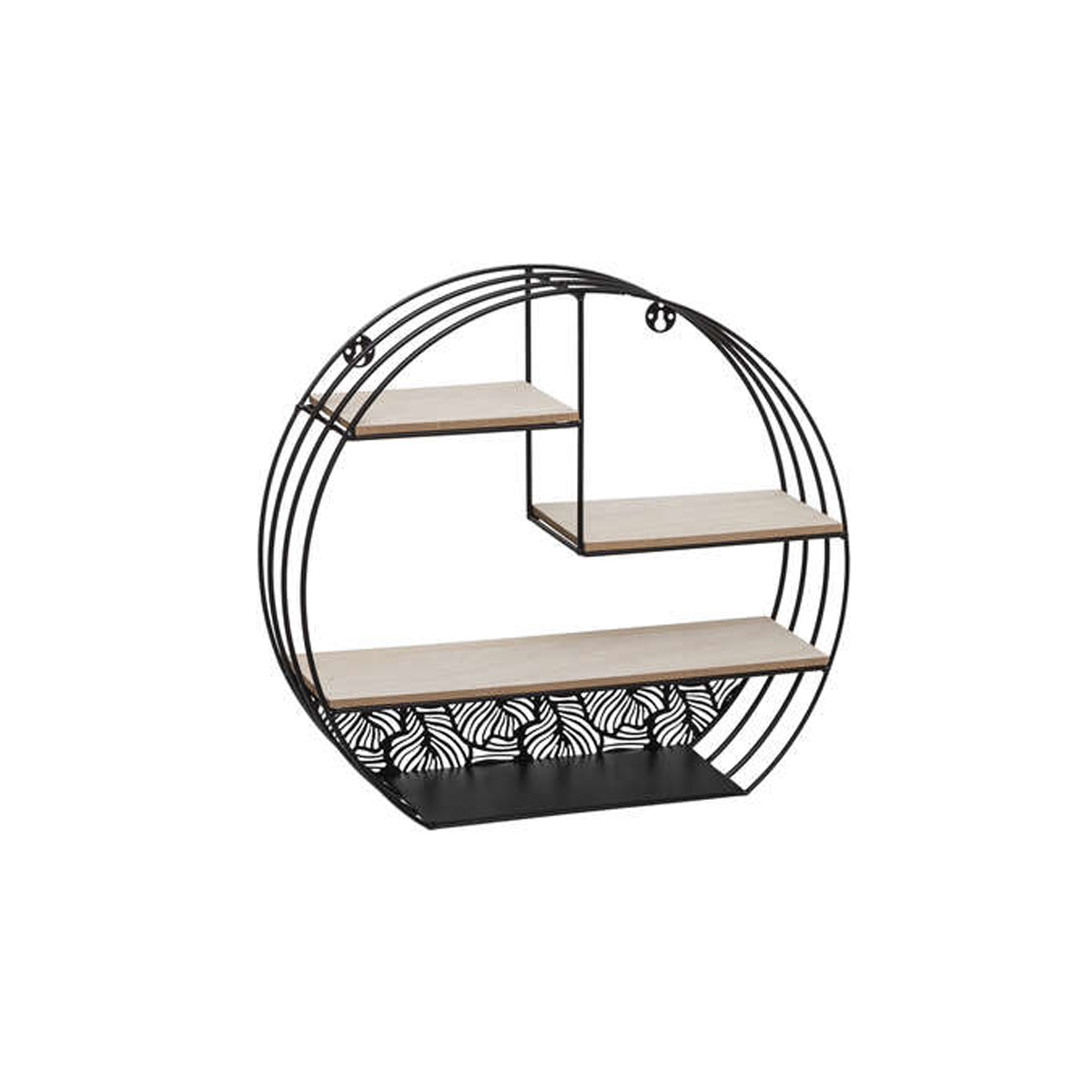 ROUND METAL WALL SHELF WITH 3 WOODEN FLOORS