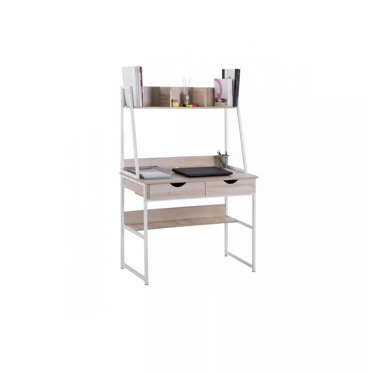 OFFICE WITH LIBRARY BEECH WITH METAL WHITE FRAME 100Χ48Χ139ΥCM OAK