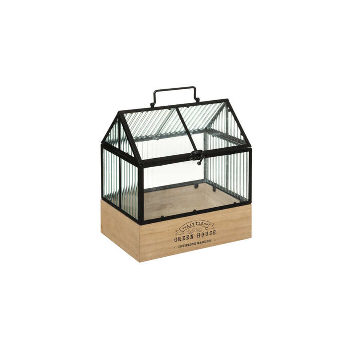 DECORATIVE HOUSE GREENHOUSE TRANSPARENT GLASS ON WOODEN BASE BLACK