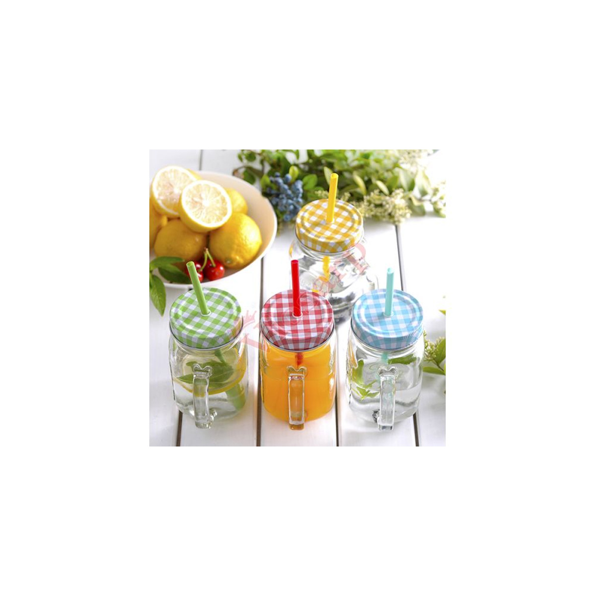 GLASS VASE WITH STRAW 400ML CLEAR WITH CHECK LID