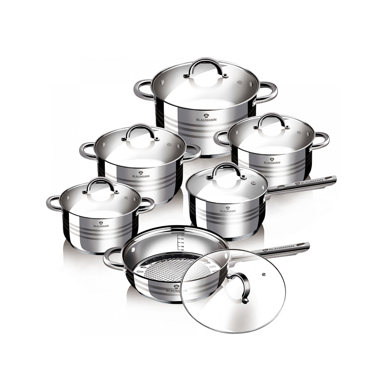 BLAUMANN SET OF POTS AND PANS WITH GLASS LIDS 12 PCS