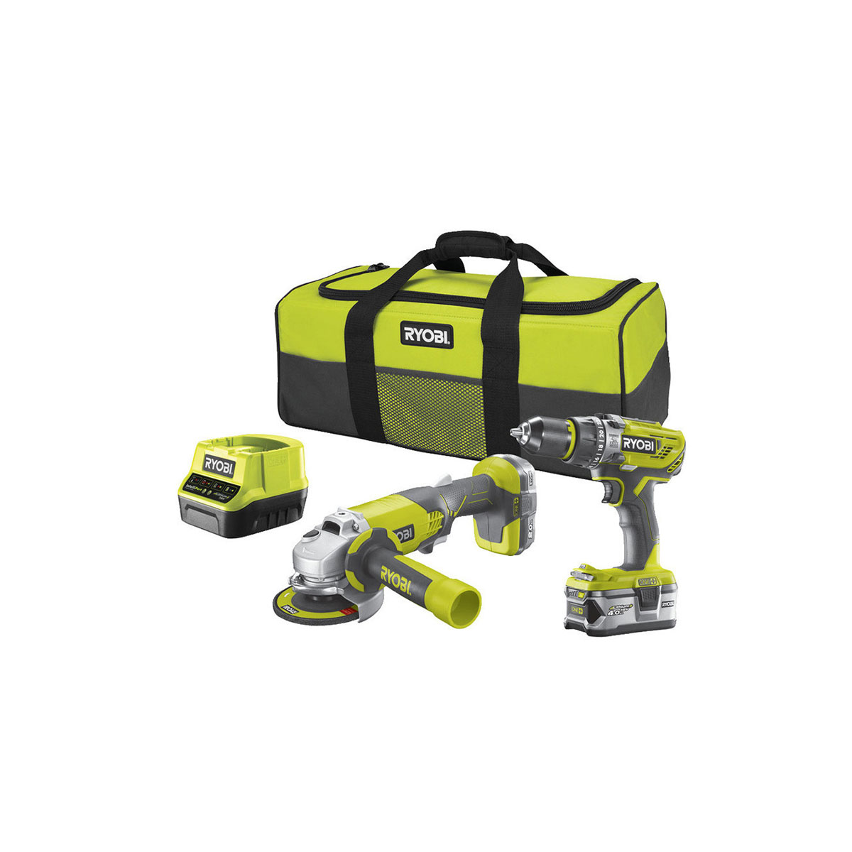 RYOBI 18V ANGLE WHEEL AND DRILL SET WITH BATTERY IN BAG