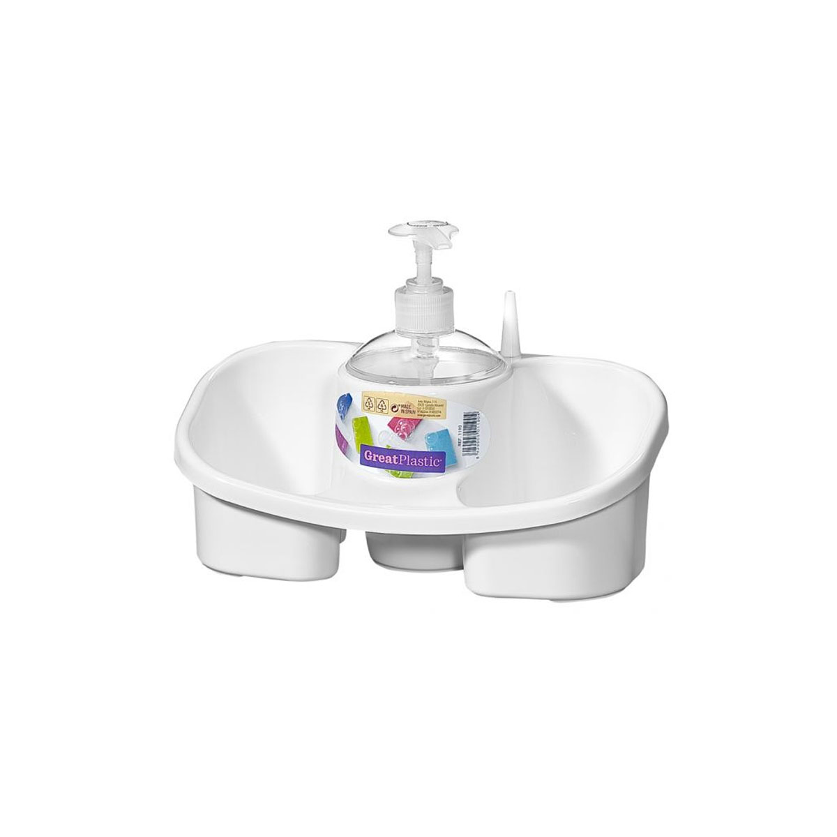 CONTAINER FOR LIQUID SOAP WITH POUCHES FOR SPONGE