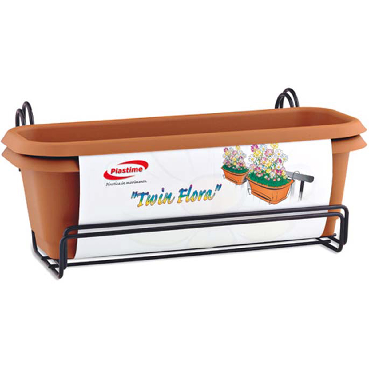 FLOWER SET TWIN FLORA 50CM PLASTIC TERRACOTA WITH METAL STAND BLACK 2 PCS